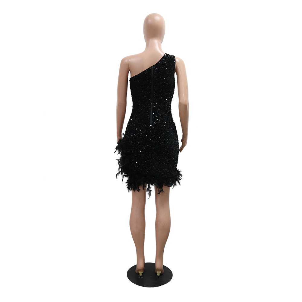 Feather sloping shoulder sequins package hip dress