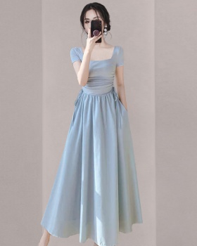 Blue pinched waist chanelstyle long dress for women