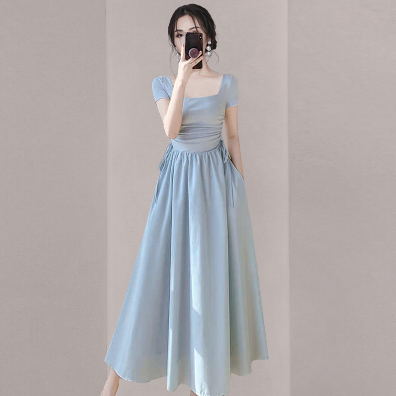 Blue pinched waist chanelstyle long dress for women