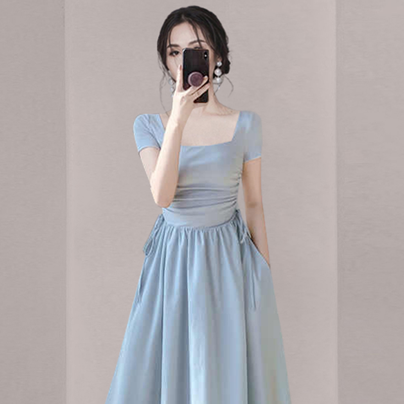 Blue pinched waist chanelstyle long dress for women