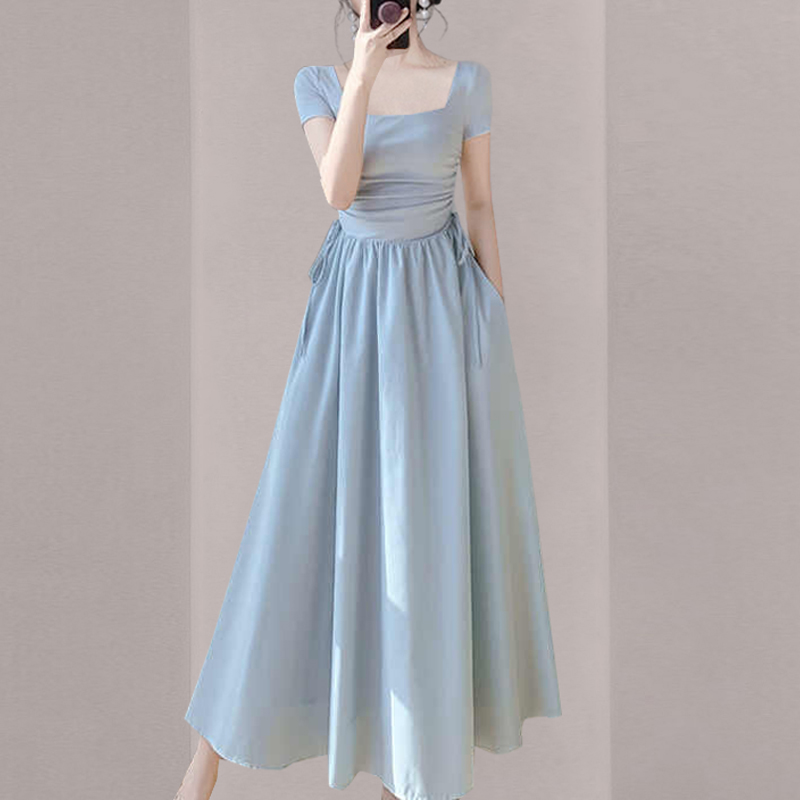 Blue pinched waist chanelstyle long dress for women