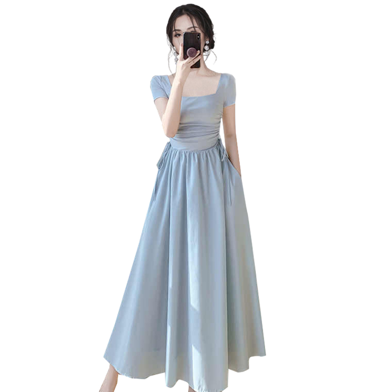 Blue pinched waist chanelstyle long dress for women