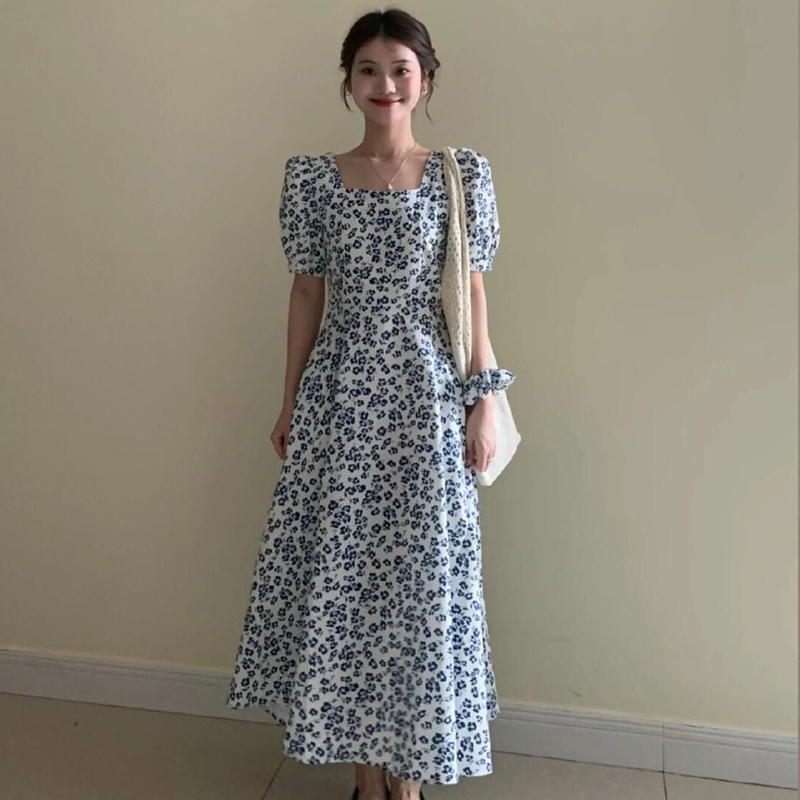 Blue square collar long dress niche dress for women