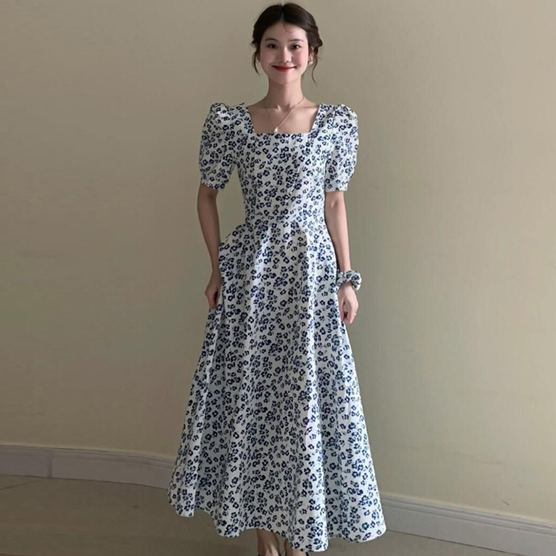 Blue square collar long dress niche dress for women