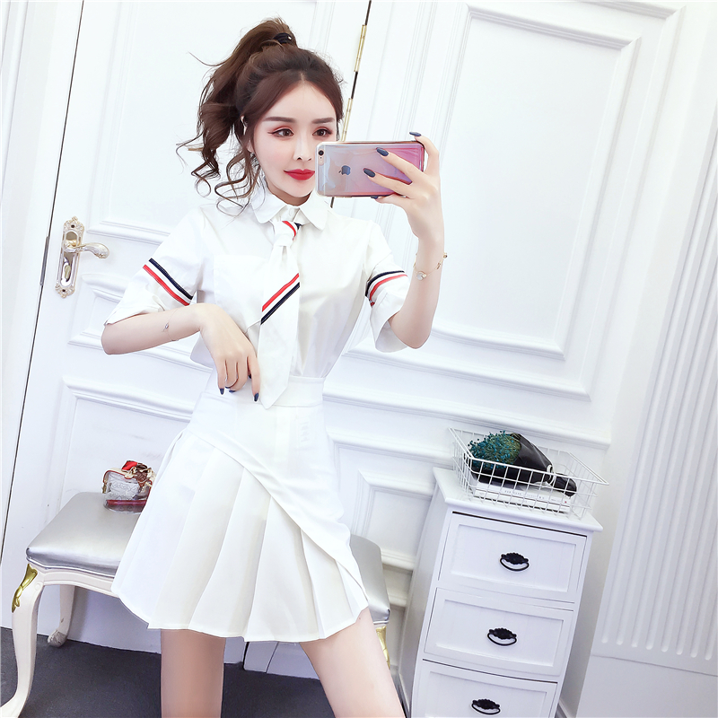 Fashion summer shirt pleated short skirt a set