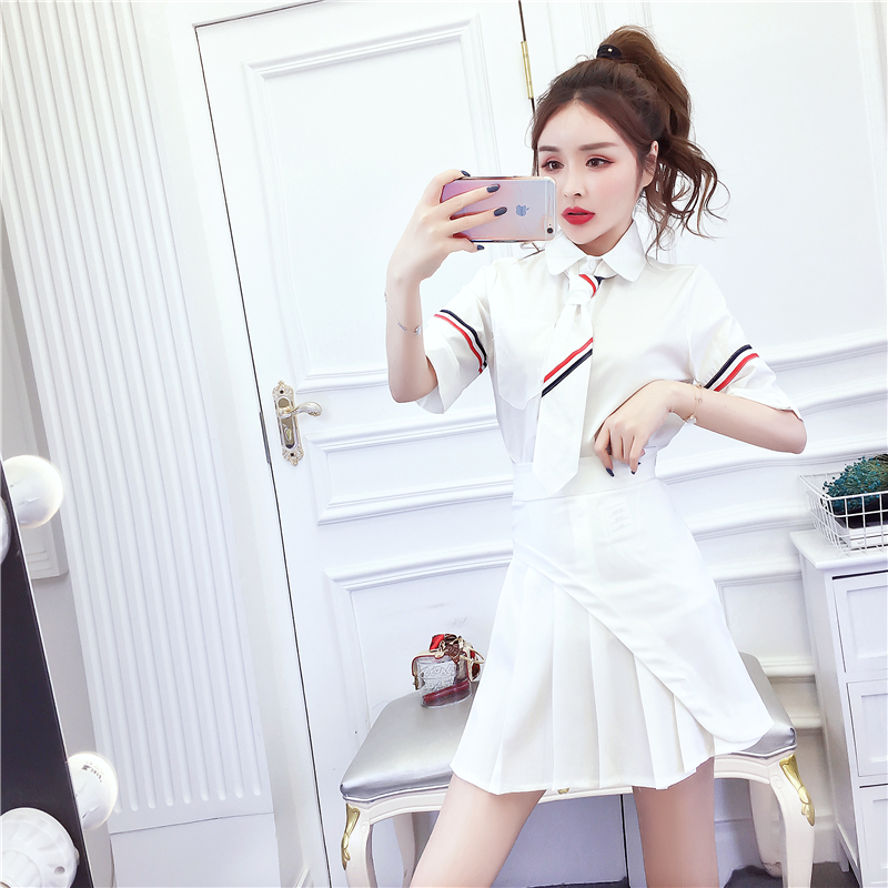 Fashion summer shirt pleated short skirt a set