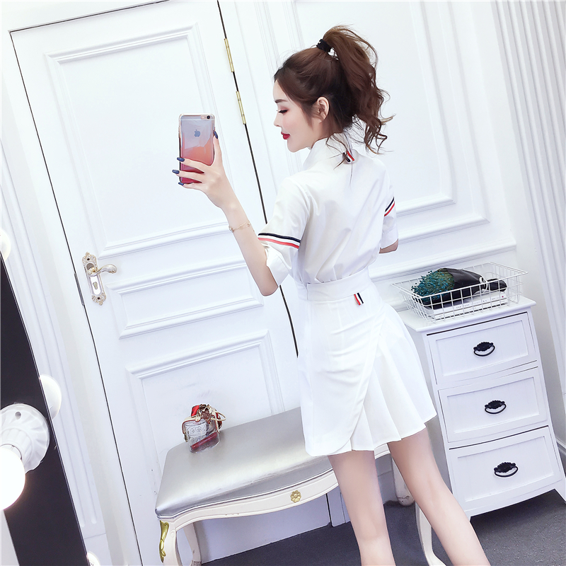 Fashion summer shirt pleated short skirt a set