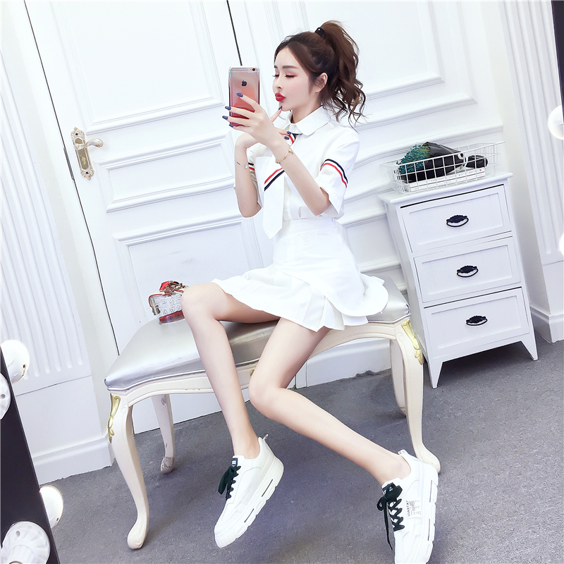 Fashion summer shirt pleated short skirt a set