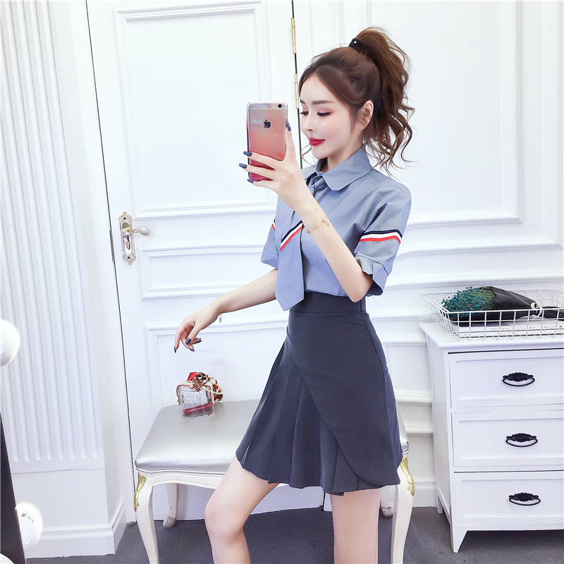 Fashion summer shirt pleated short skirt a set