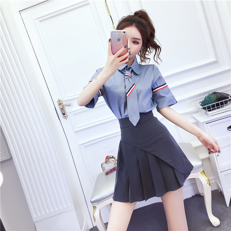 Fashion summer shirt pleated short skirt a set