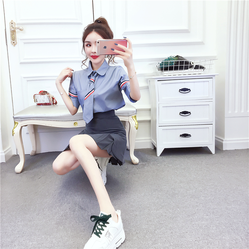 Fashion summer shirt pleated short skirt a set