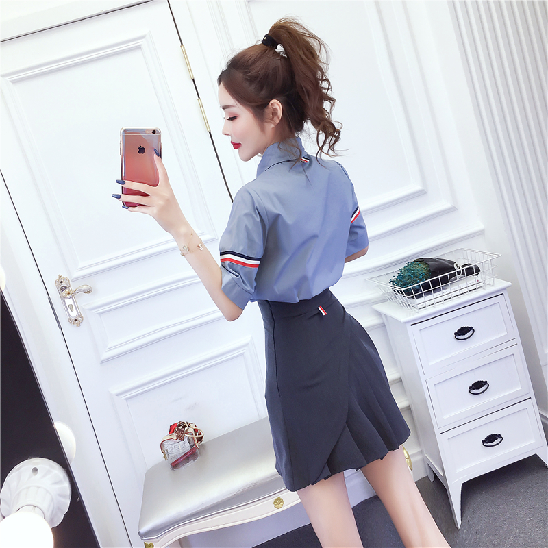 Fashion summer shirt pleated short skirt a set