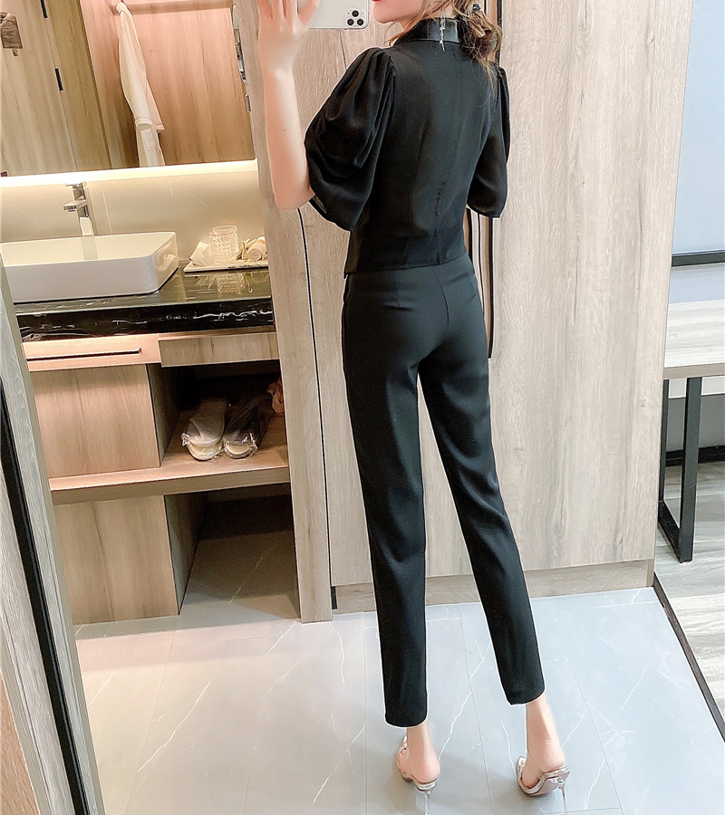 Lapel temperament tops summer long pants 2pcs set