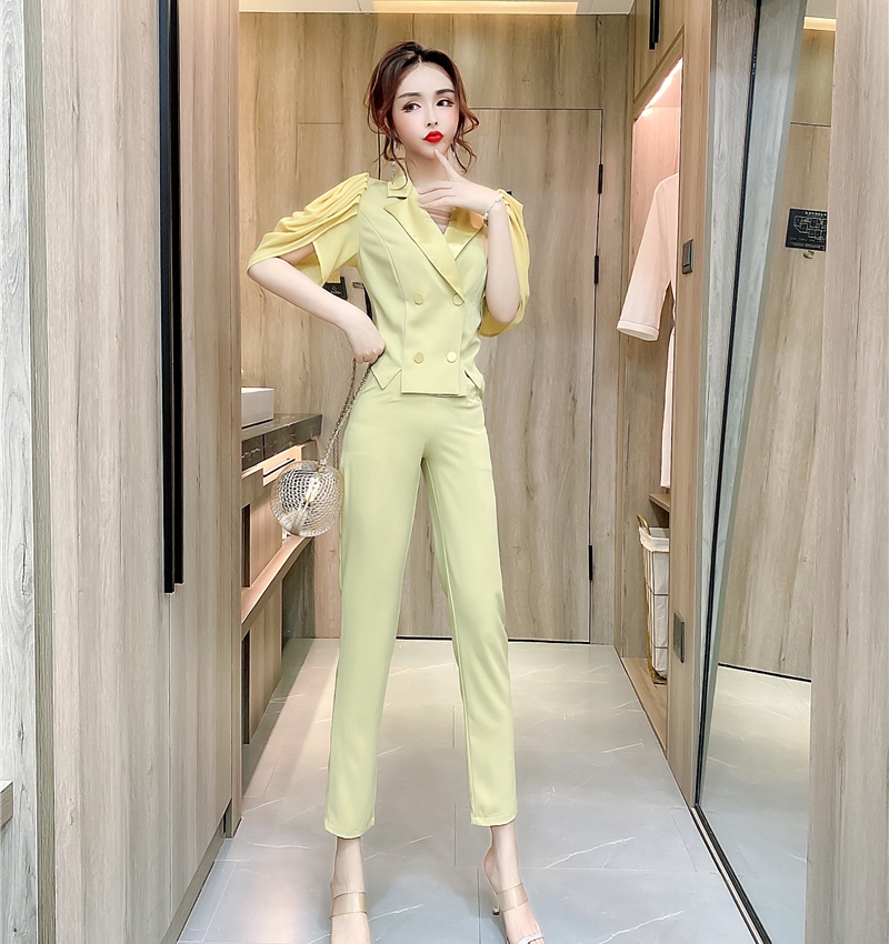 Lapel temperament tops summer long pants 2pcs set