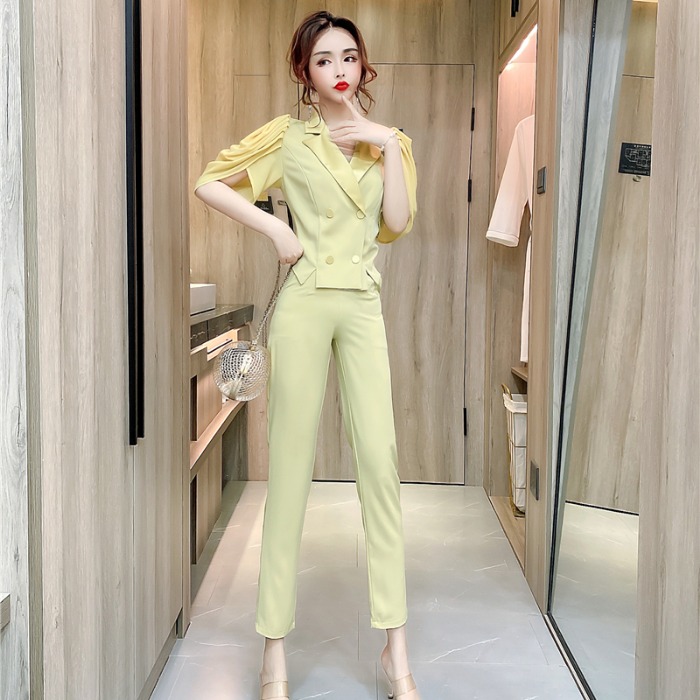 Lapel temperament tops summer long pants 2pcs set