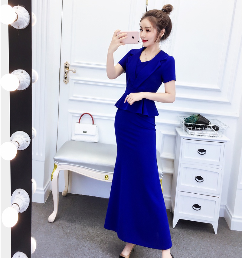 Fashion temperament formal dress summer lapel long dress