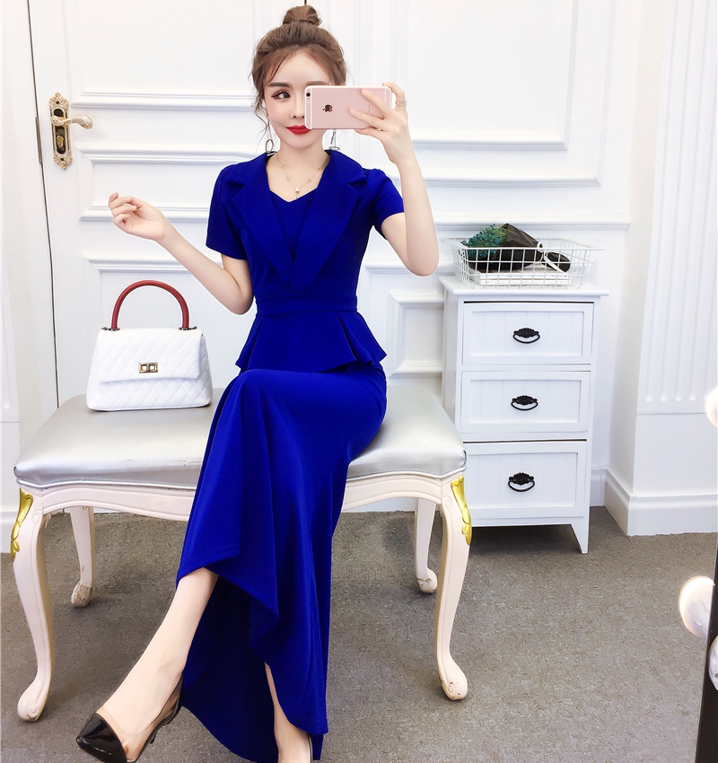 Fashion temperament formal dress summer lapel long dress