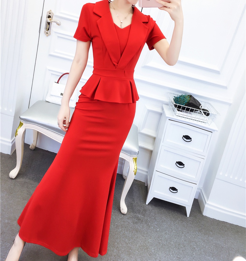 Fashion temperament formal dress summer lapel long dress