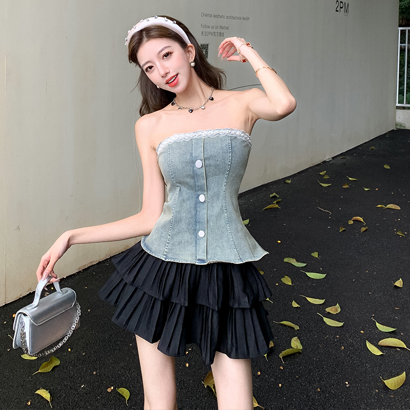 Temperament denim short vest retro sexy tops for women