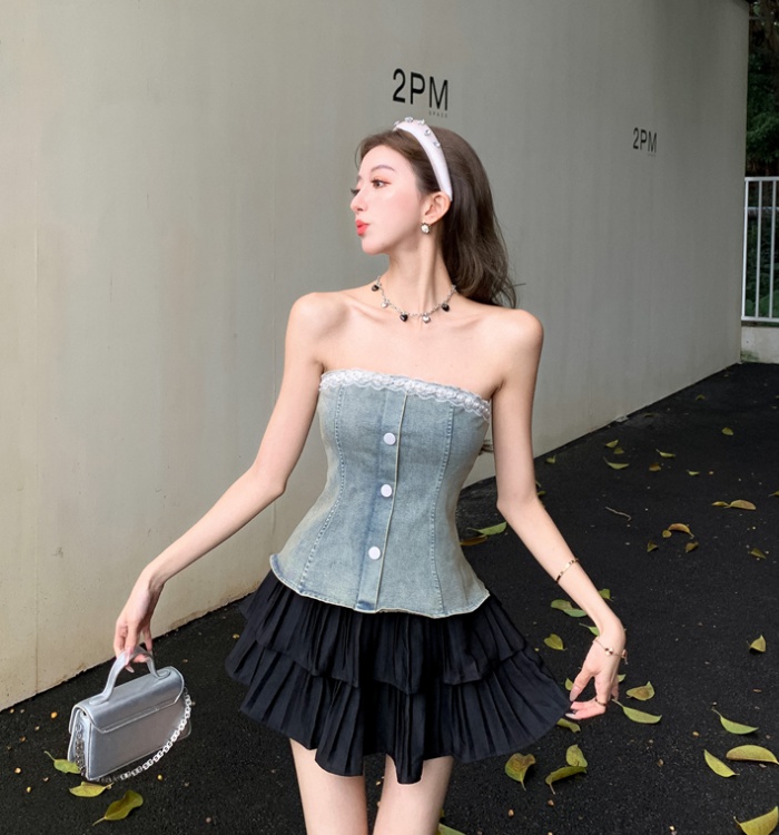 Temperament denim short vest retro sexy tops for women