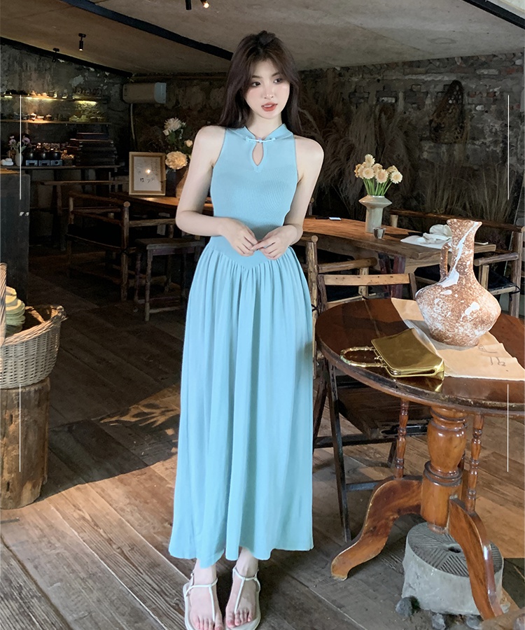 Knitted sling long dress Chinese style cheongsam