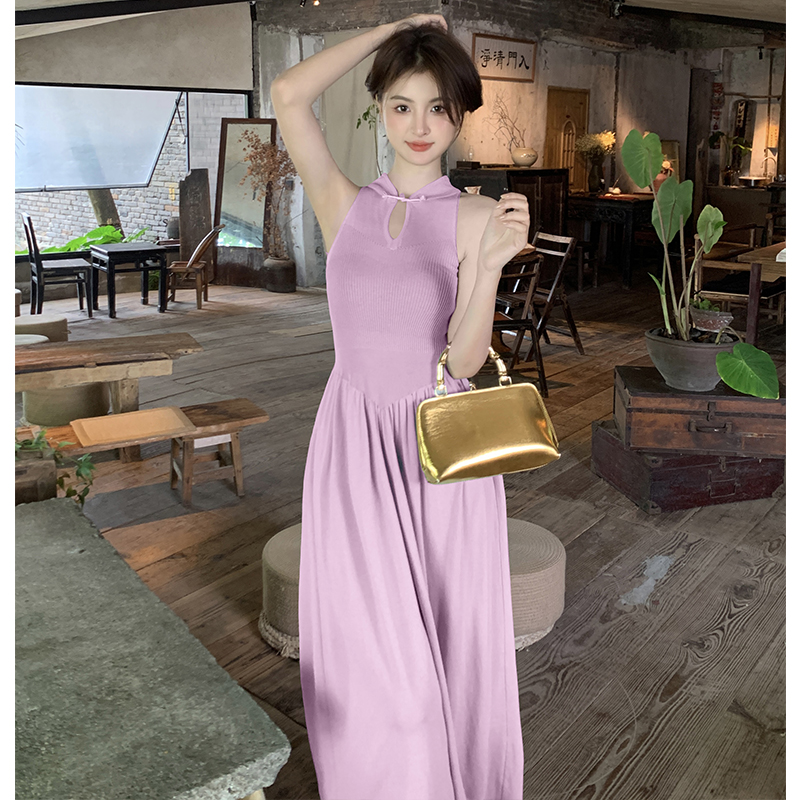 Knitted sling long dress Chinese style cheongsam