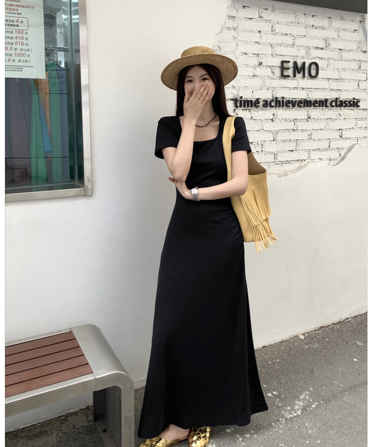 Short sleeve slim dress pinched waist summer long dress