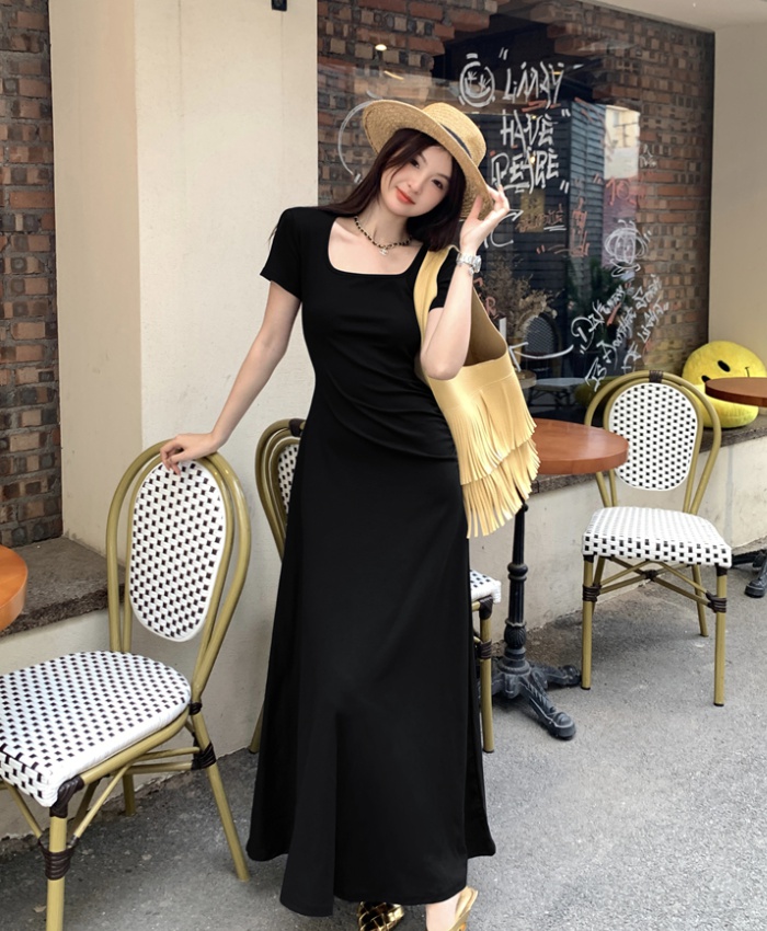 Short sleeve slim dress pinched waist summer long dress