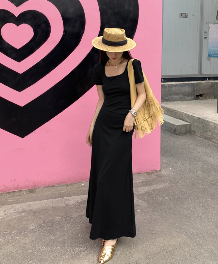 Short sleeve slim dress pinched waist summer long dress