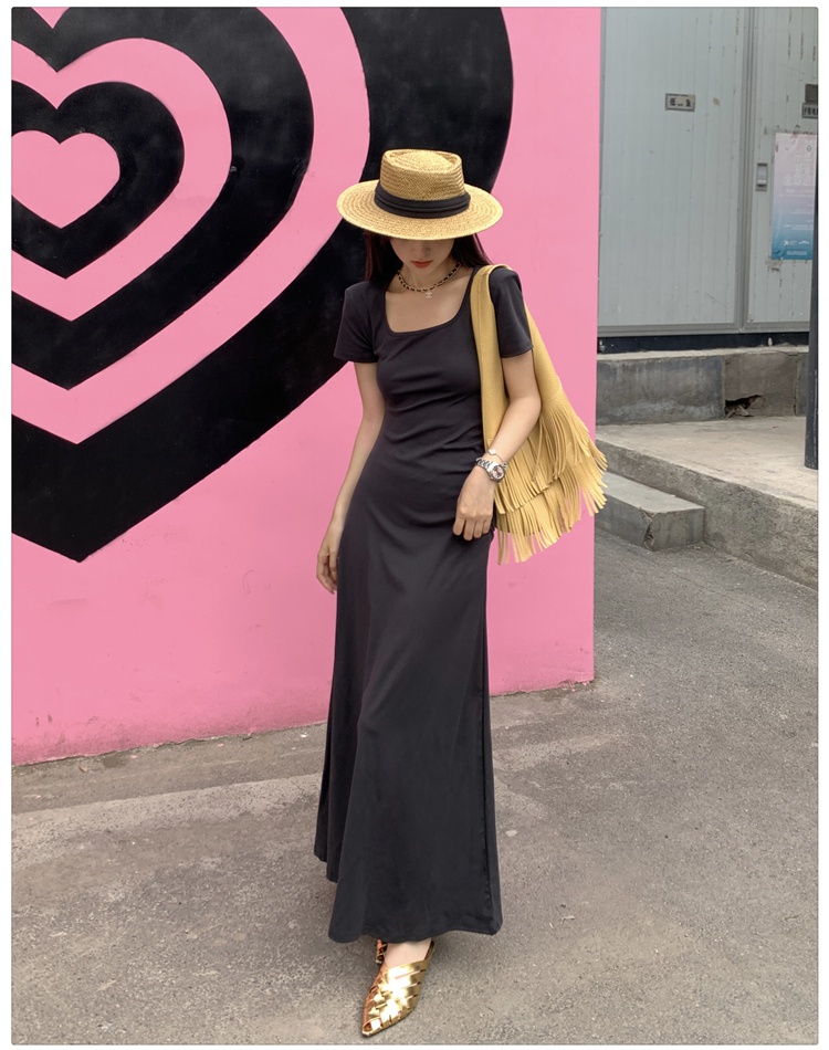 Short sleeve slim dress pinched waist summer long dress