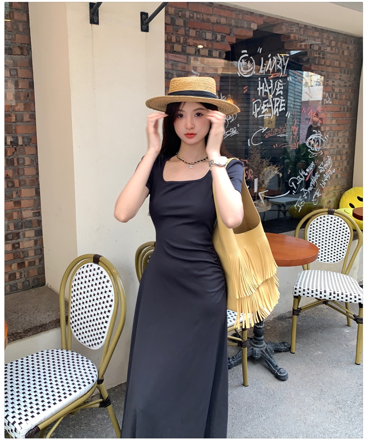 Short sleeve slim dress pinched waist summer long dress