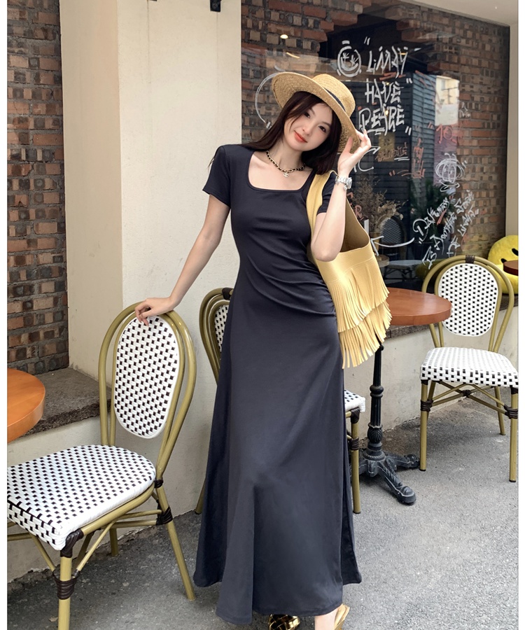 Short sleeve slim dress pinched waist summer long dress