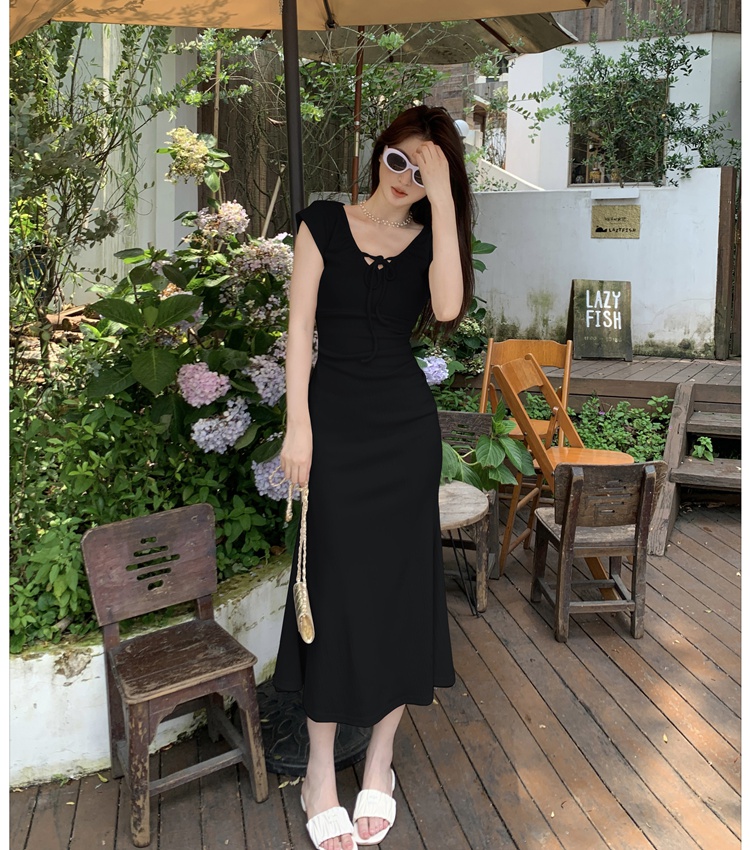 Slim sleeve U-neck dress frenum long dress for women