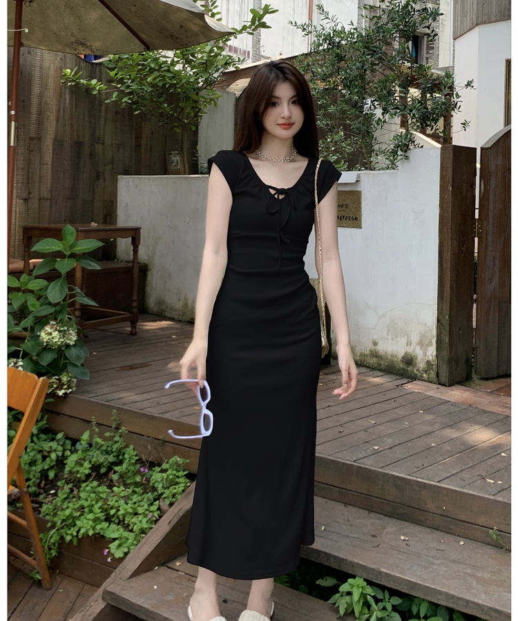 Slim sleeve U-neck dress frenum long dress for women