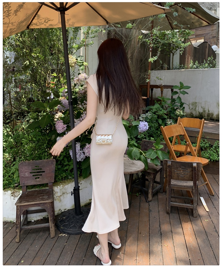 Slim sleeve U-neck dress frenum long dress for women