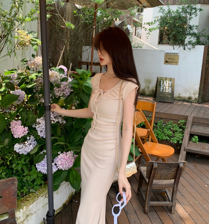 Slim sleeve U-neck dress frenum long dress for women