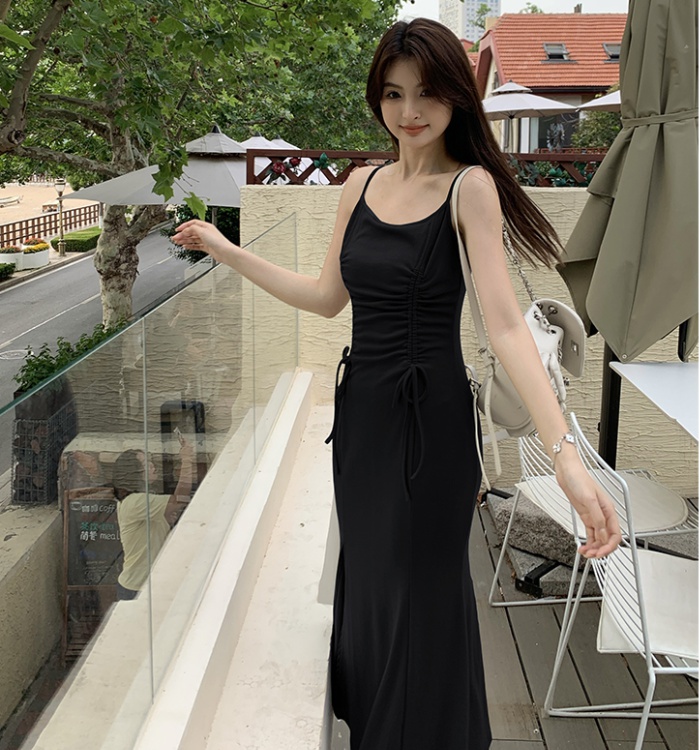 Summer black long dress pinched waist dress for women