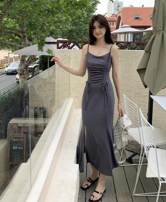 Summer black long dress pinched waist dress for women