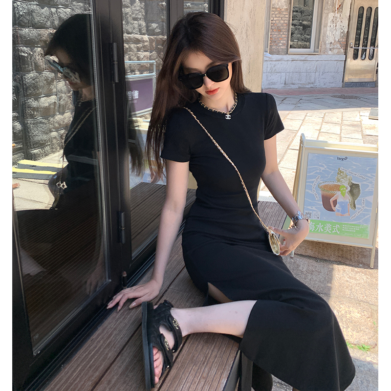 Slim summer short sleeve tight long light dress for women