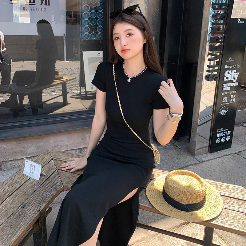 Slim summer short sleeve tight long light dress for women