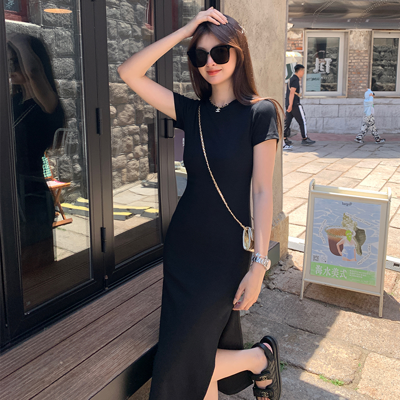 Slim summer short sleeve tight long light dress for women