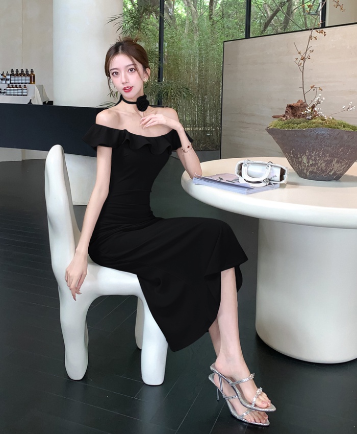 Flat shoulder wood ear dress slim sexy long dress for women