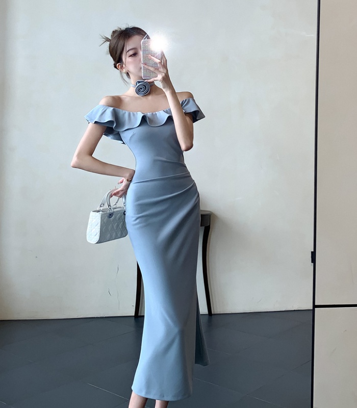 Flat shoulder wood ear dress slim sexy long dress for women