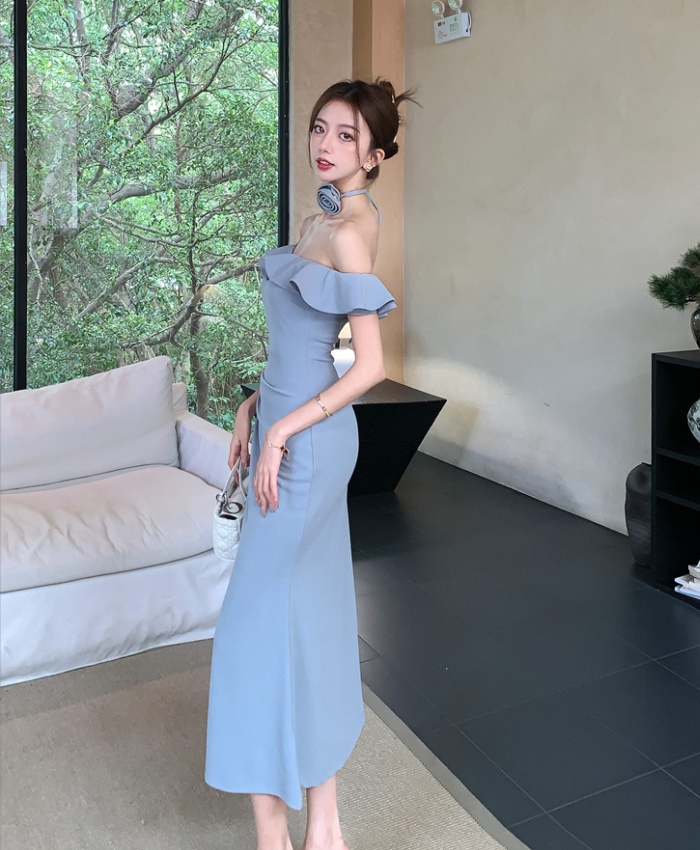 Flat shoulder wood ear dress slim sexy long dress for women