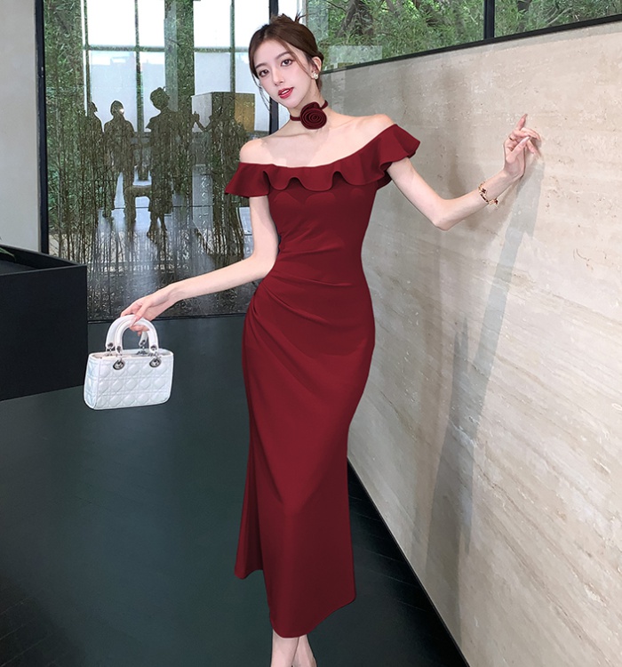 Flat shoulder wood ear dress slim sexy long dress for women