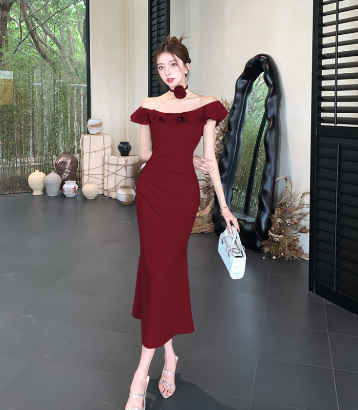 Flat shoulder wood ear dress slim sexy long dress for women