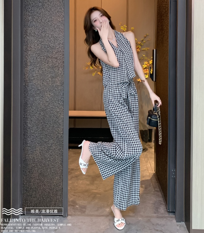 Fashion halter tops plaid long pants for women