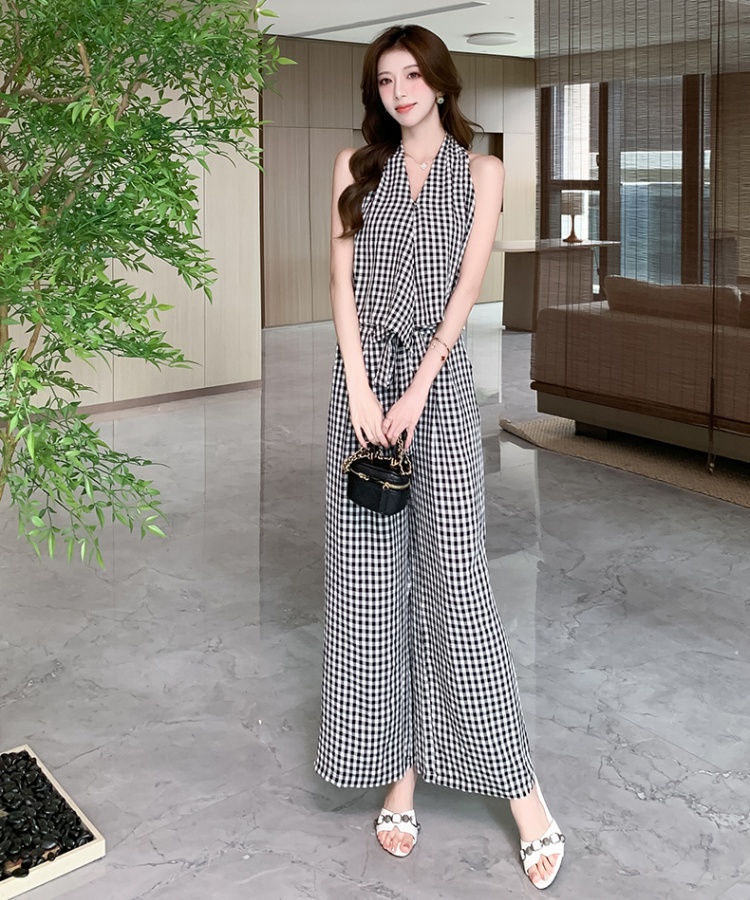 Fashion halter tops plaid long pants for women