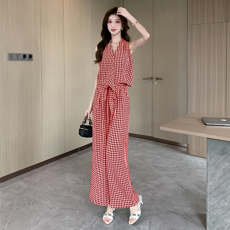 Fashion halter tops plaid long pants for women