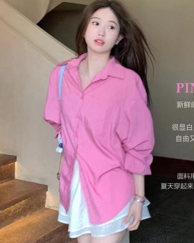 Casual long sleeve tops wears outside pink shirt for women